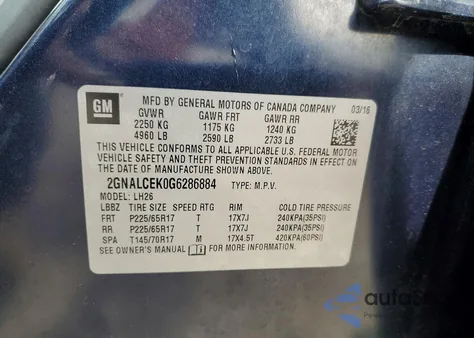 2016 Chevrolet Equinox z USA, uszkodzony, nr VIN 2GNALCEK0G6286884